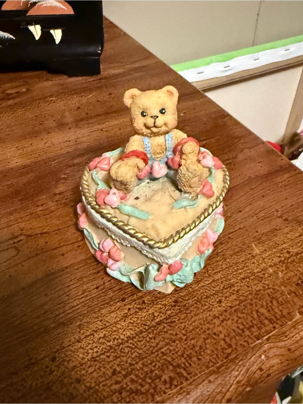 Heart-Shaped Teddy Bear Trinket Box in Pastel Pink & Mint